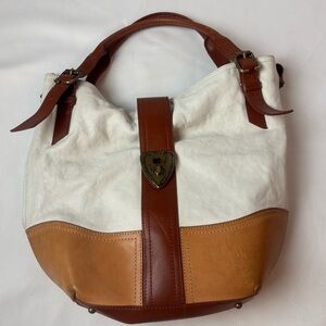 Brooks Brothers Shrunken Calfskin Leather Large Hobo Handbag White Tan Shoulder